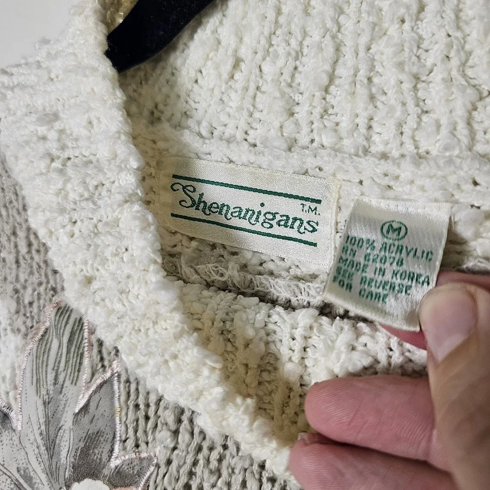 VTG Shenanigans M Sweater Vest Ivory Pink Floral Beaded 80s 90s Cottage Grandma - Picture 3 of 8